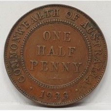 AUSTRALIA 1933 . HALF 1/2  PENNY . ERROR . PLANCHET FLAW IN FIELD